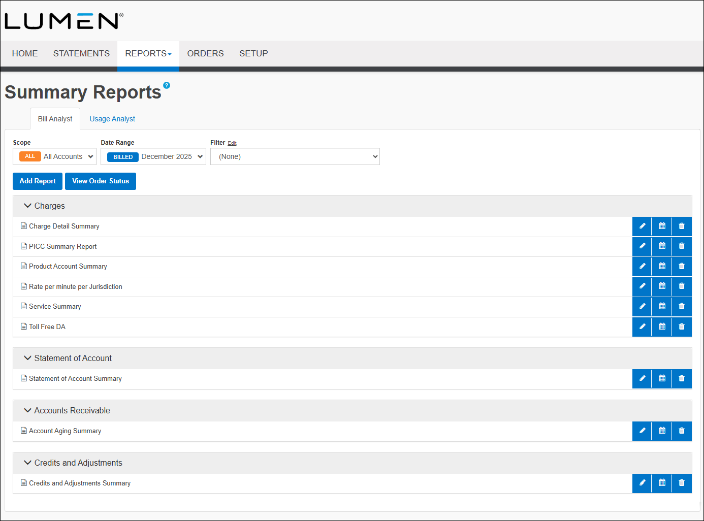 Summary Reports (showing Bill Analyst tab)