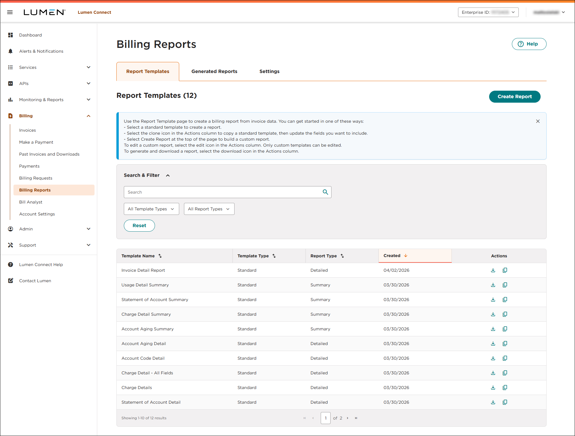 Billing Reports (showing Report Templates tab)