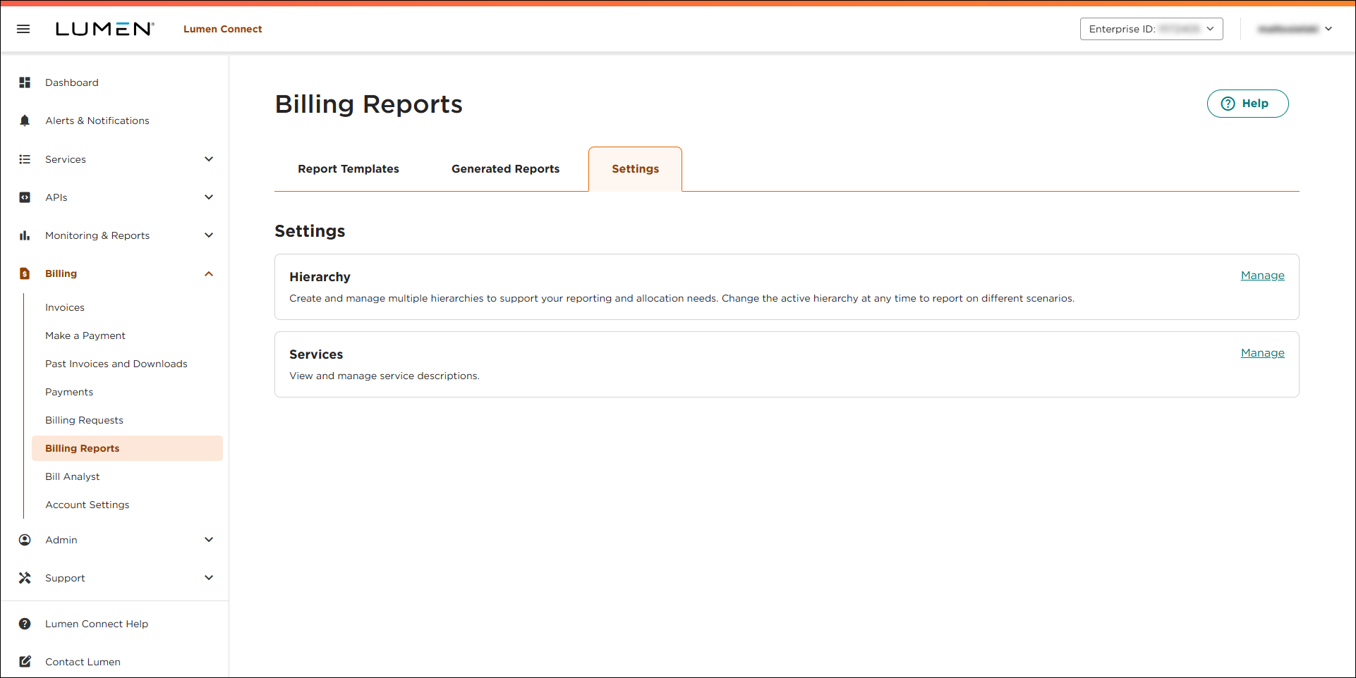 Billing Reports (showing Settings tab)