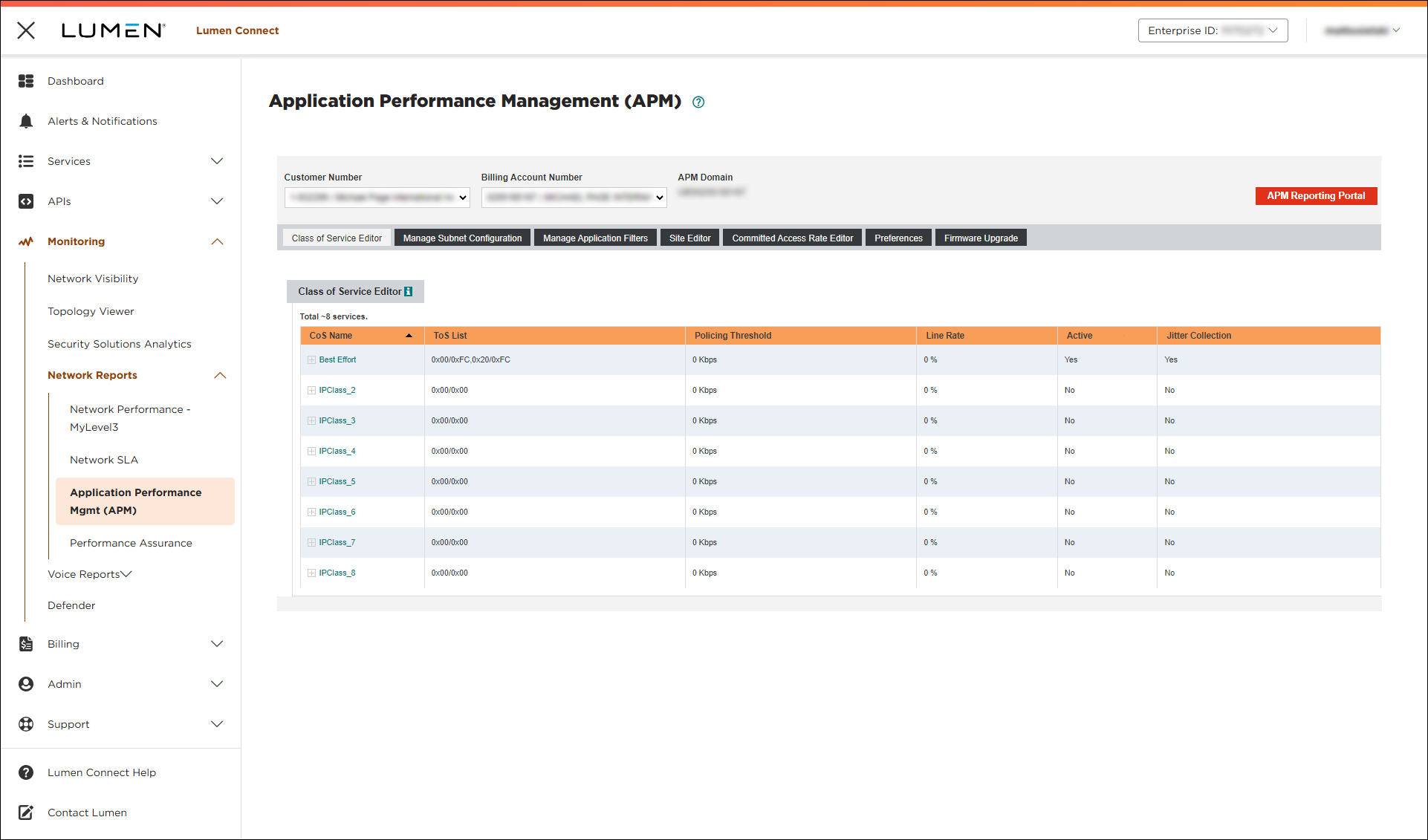 Application Performance Management (showing Class of Service Editor tab)