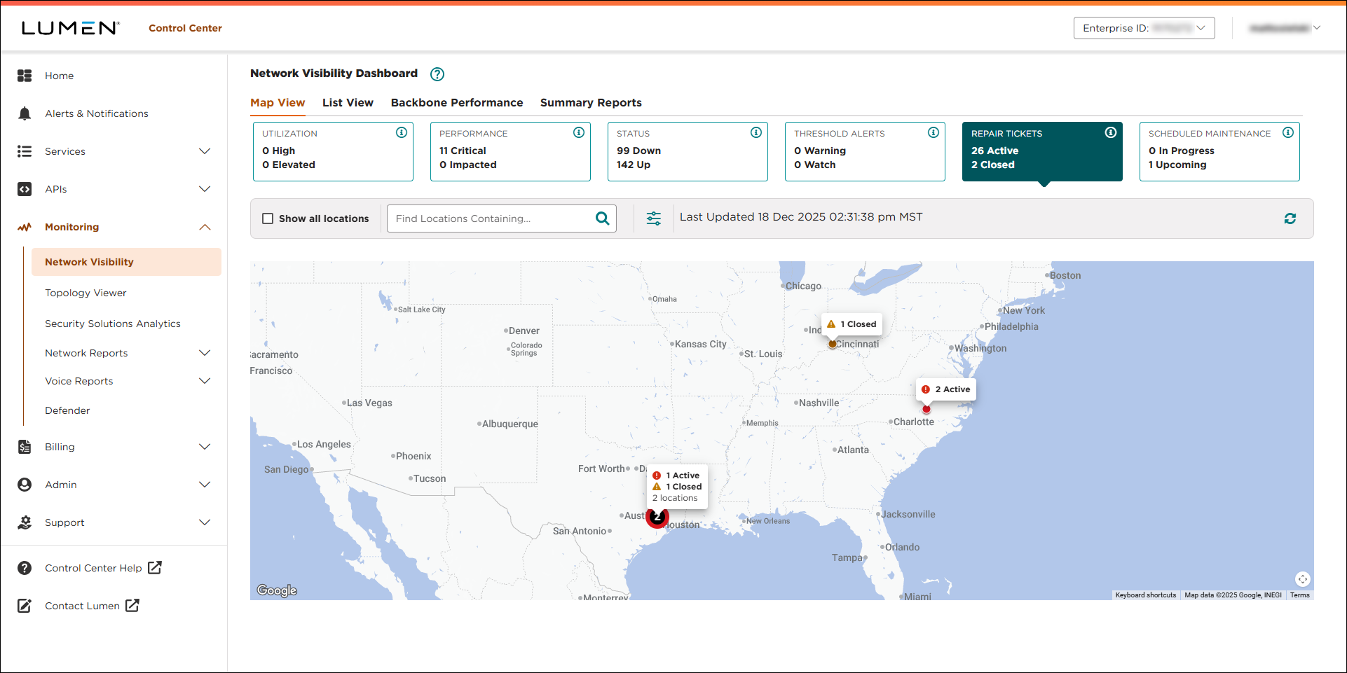 Network Visibility (showing Repair Tickets tile)