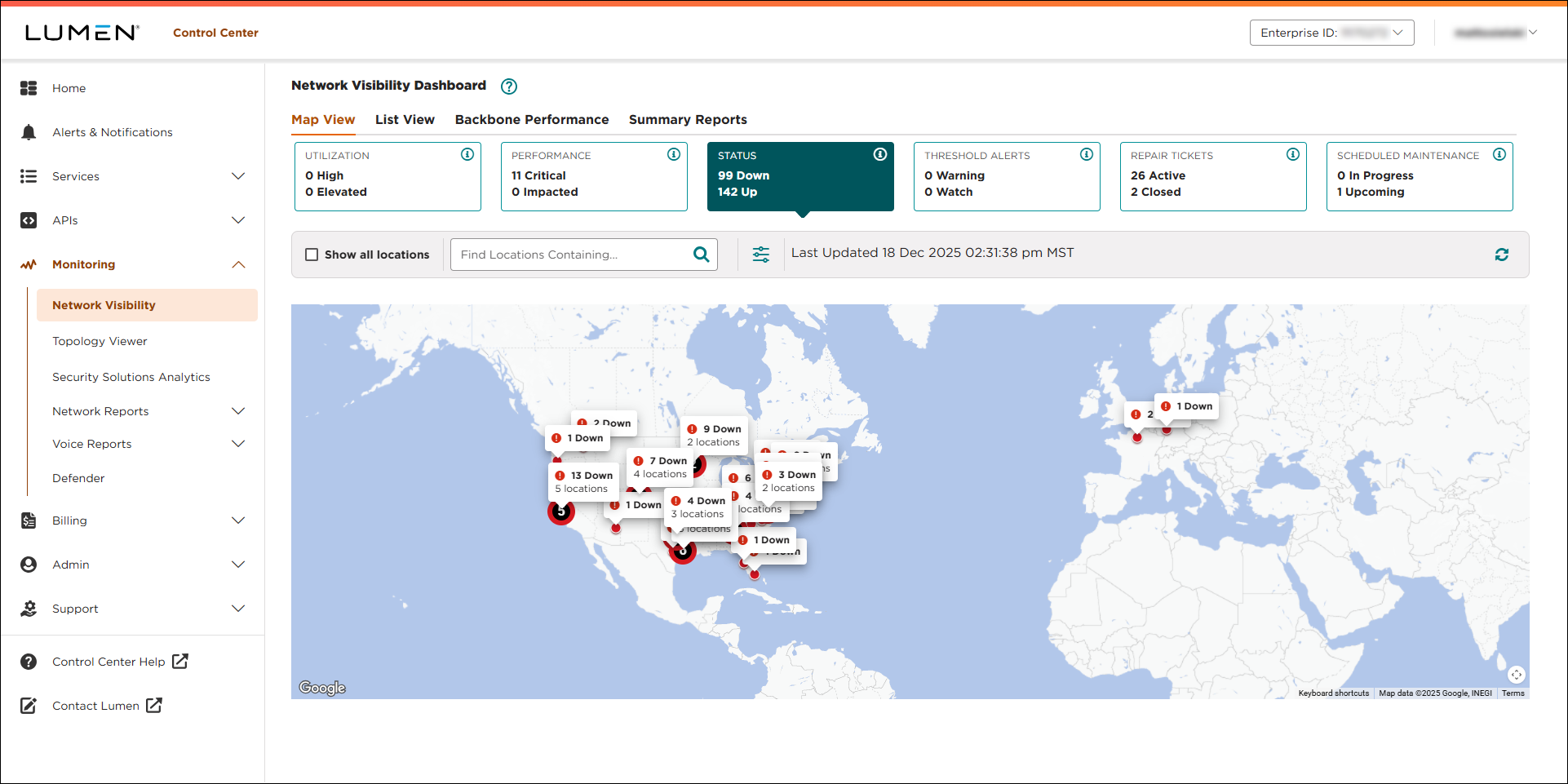 Network Visibility (showing Status tile)