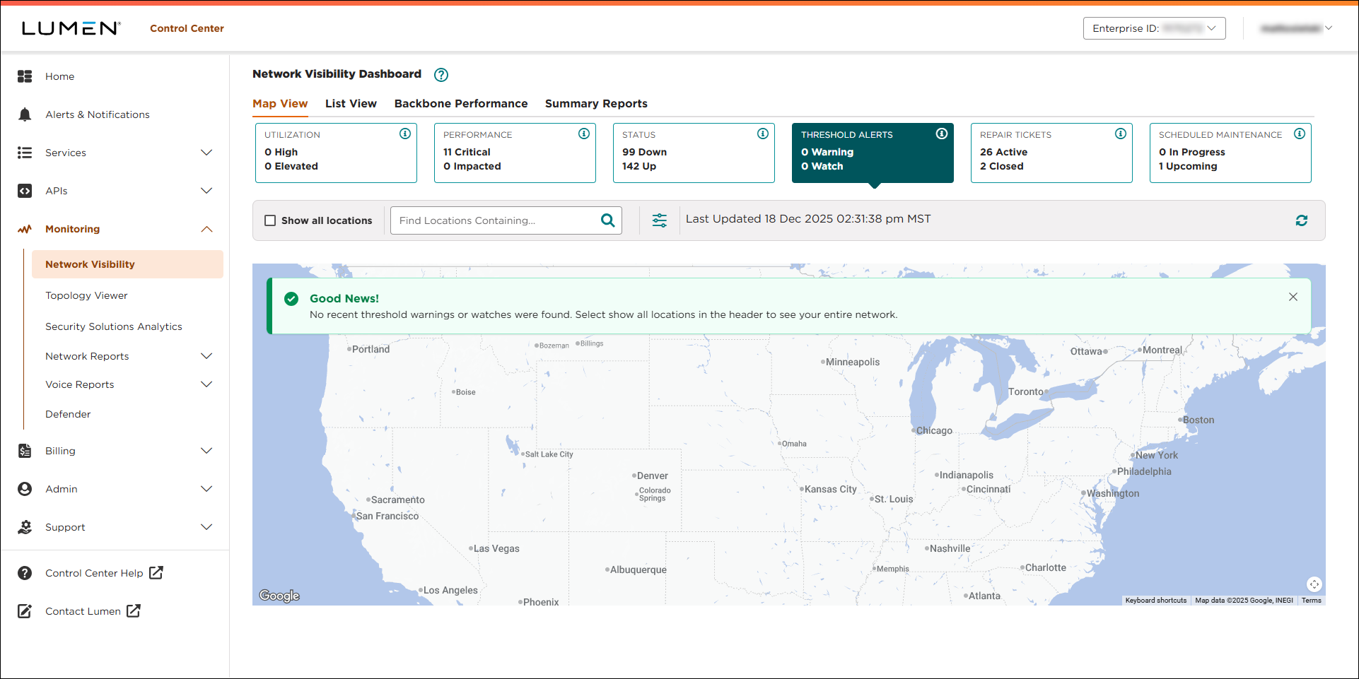 Network Visibility (showing Threshold Alerts tile)