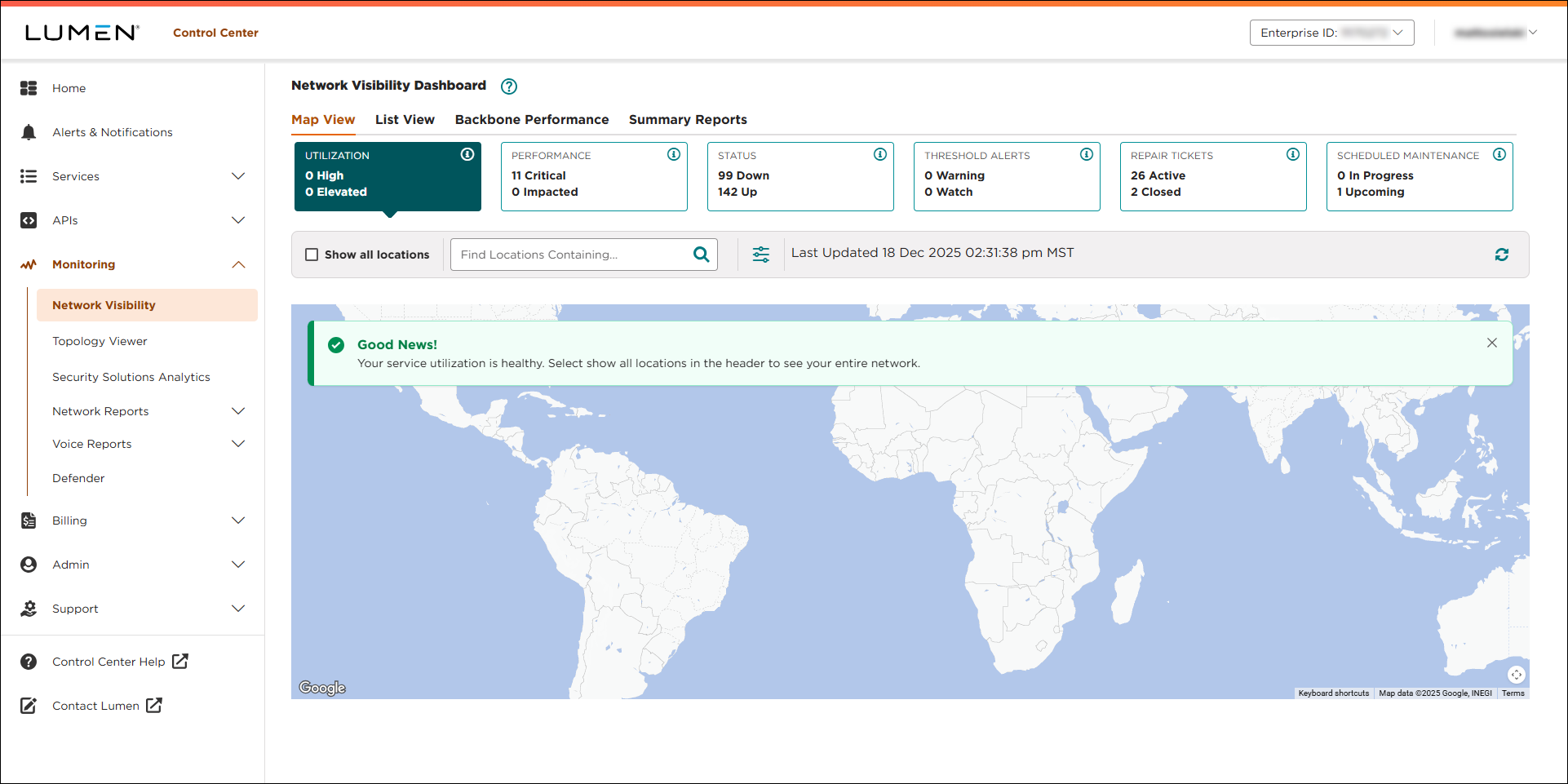 Network Visibility (showing Map View tab and Utilization KPI)