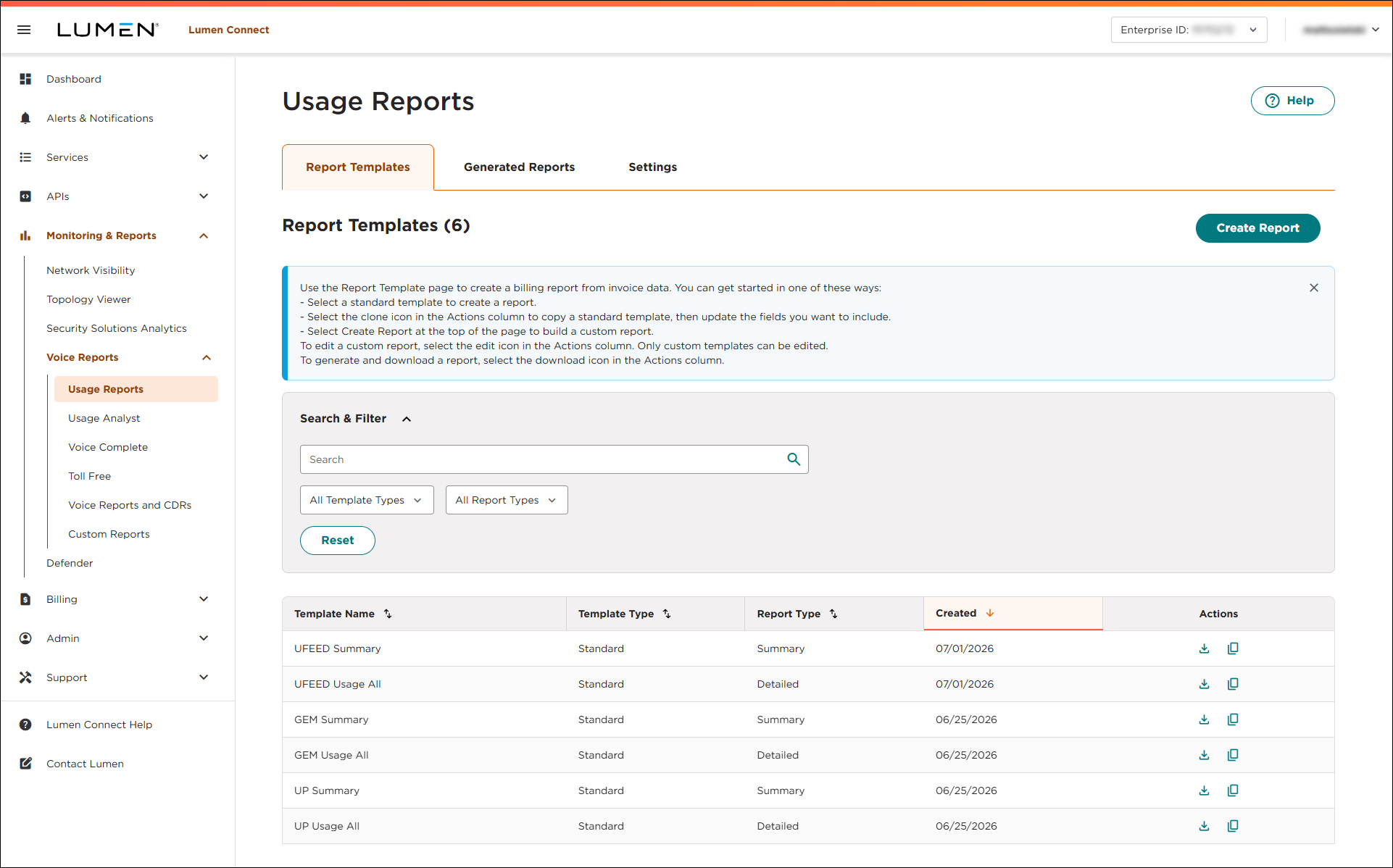 Usage Reports (showing Report Templates tab)