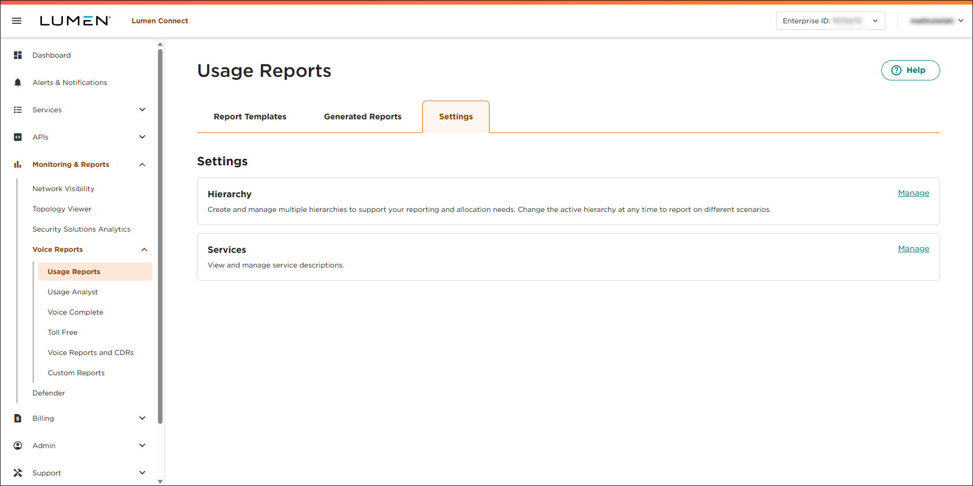 Usage Reports (showing Settings tab)