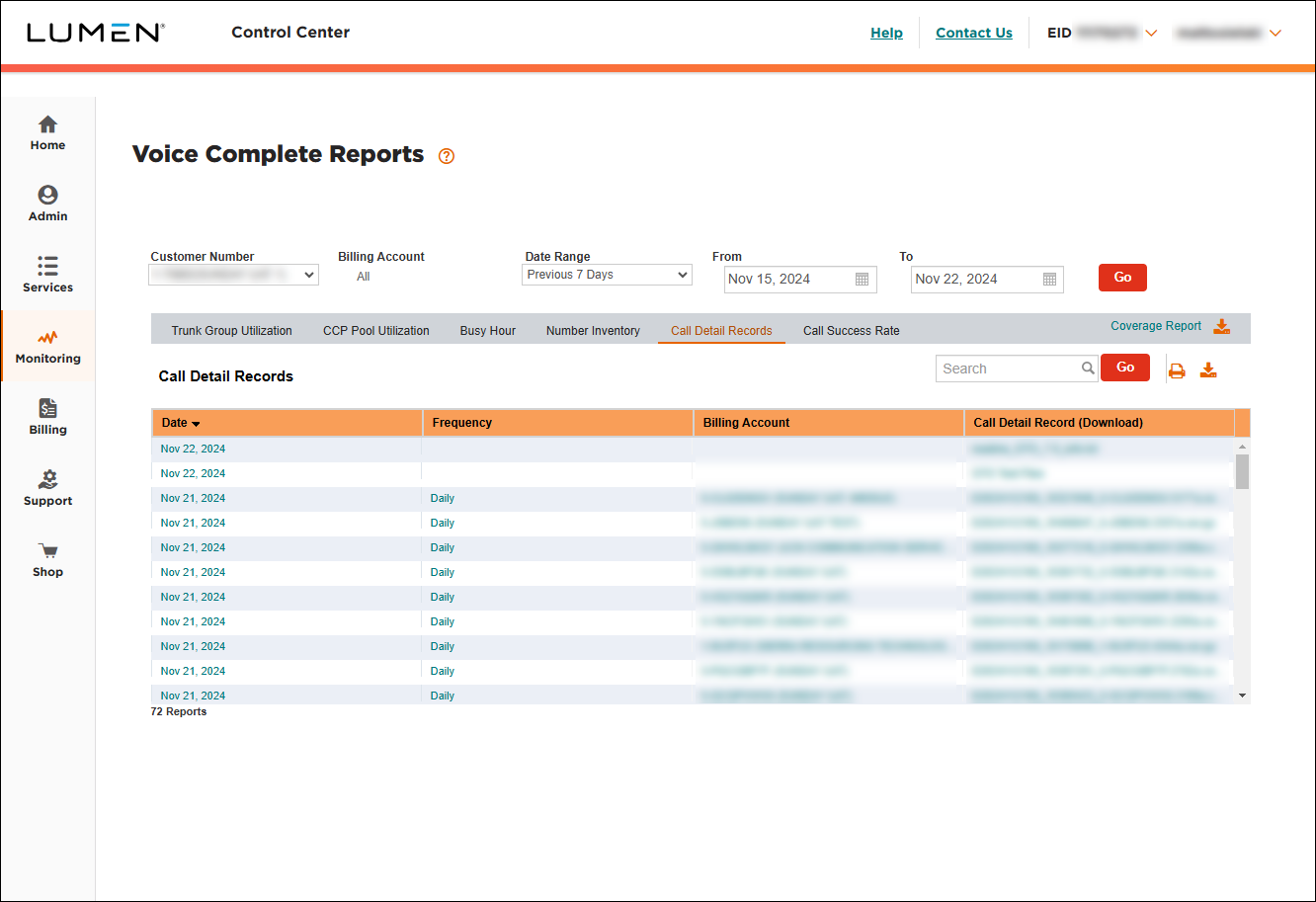 Voice Complete Reports (showing Call Detail Records tab)