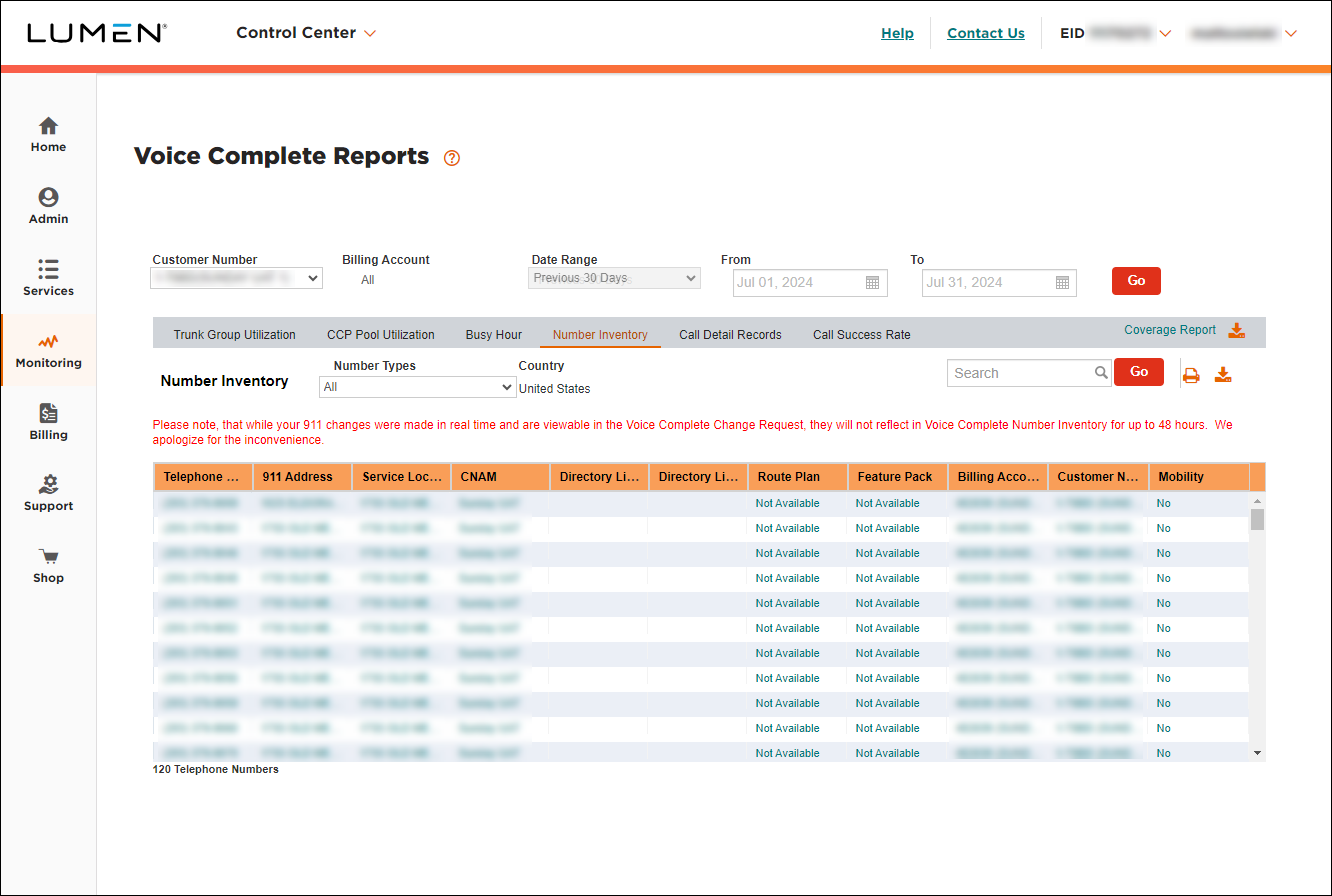 Voice Complete Reports (showing Number Inventory tab)