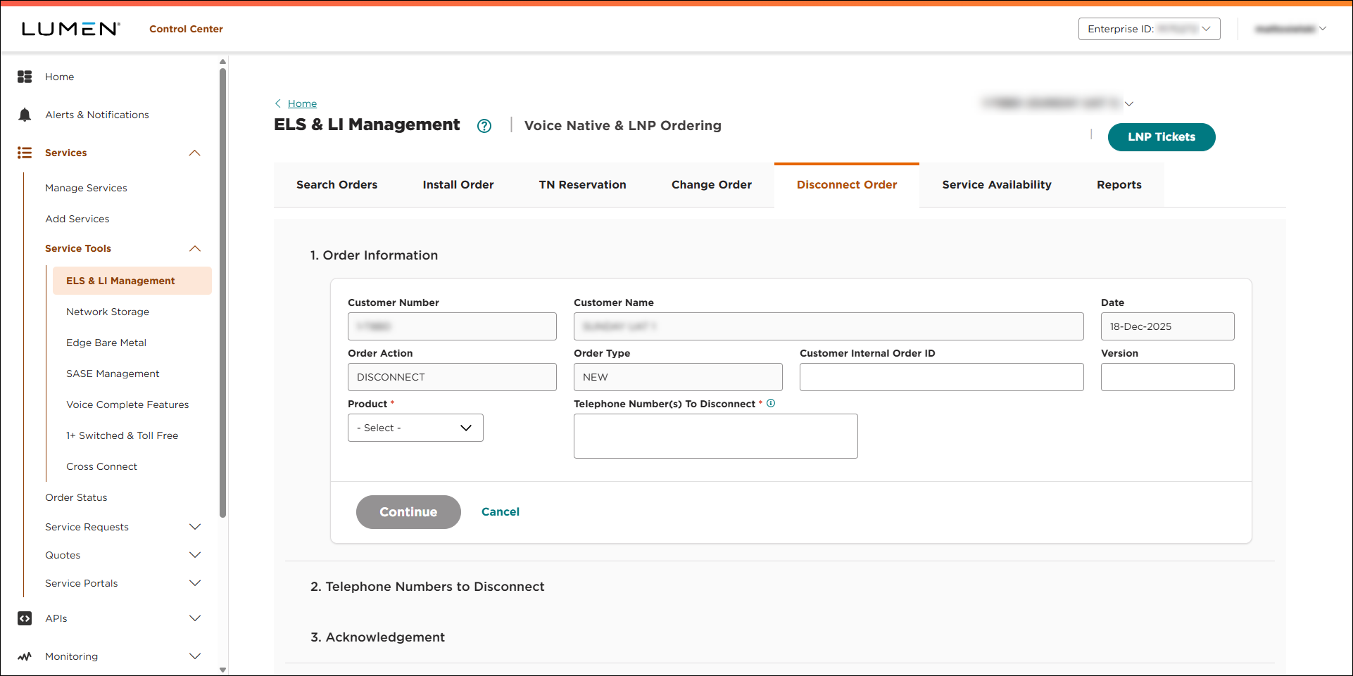 ELS & LI Management (showing Disconnect Order tab)