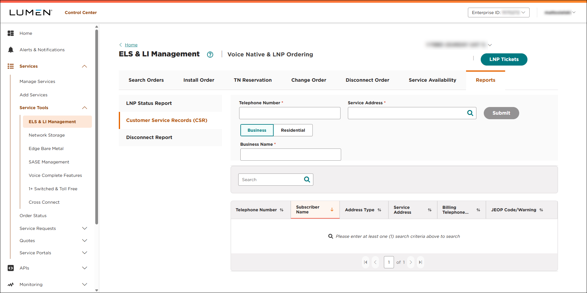 ELS & LI Management (showing Reports tab and Customer Service Records subtab)