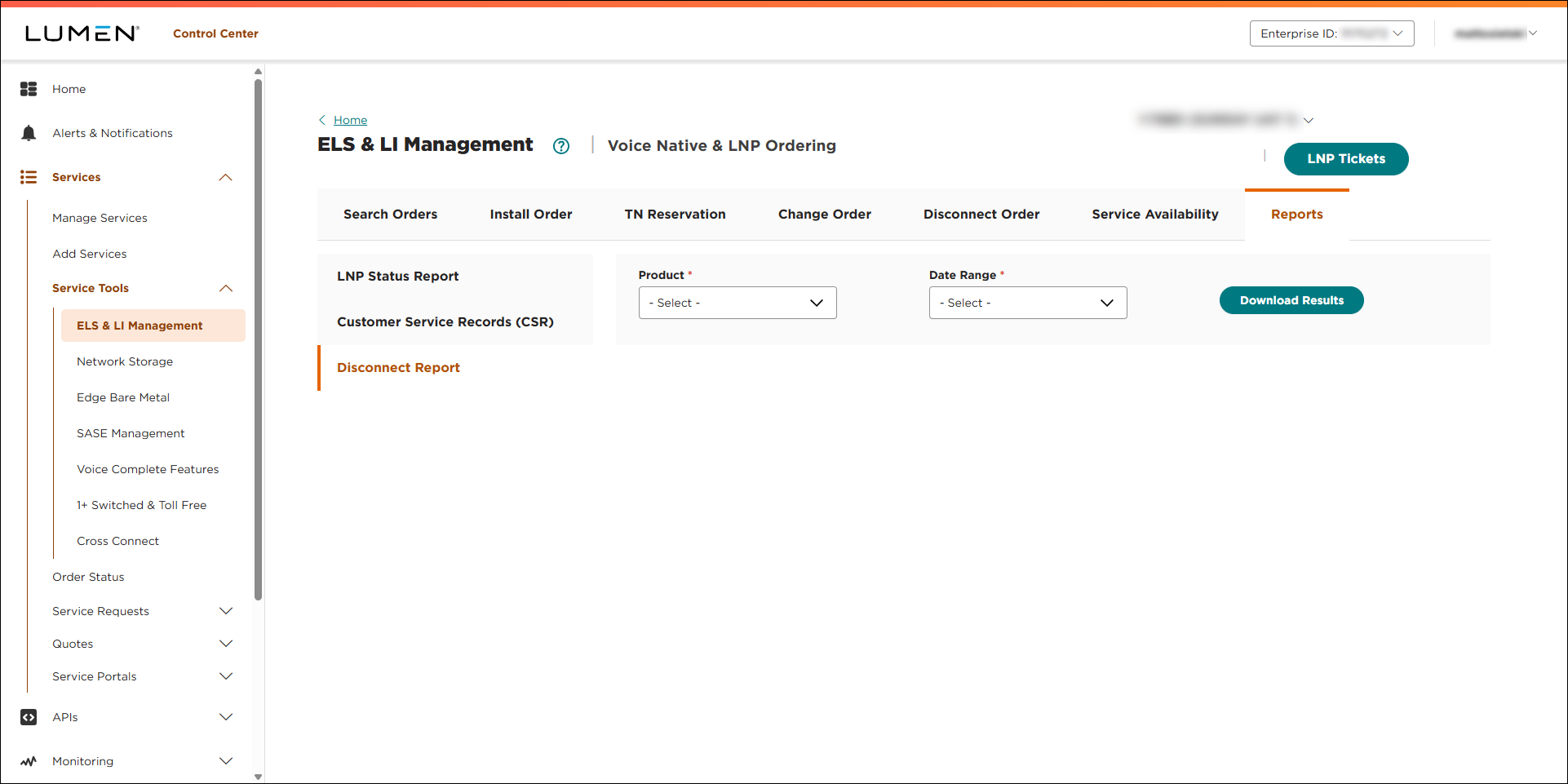 ELS & LI Management (showing Reports tab and Disconnect Report subtab)
