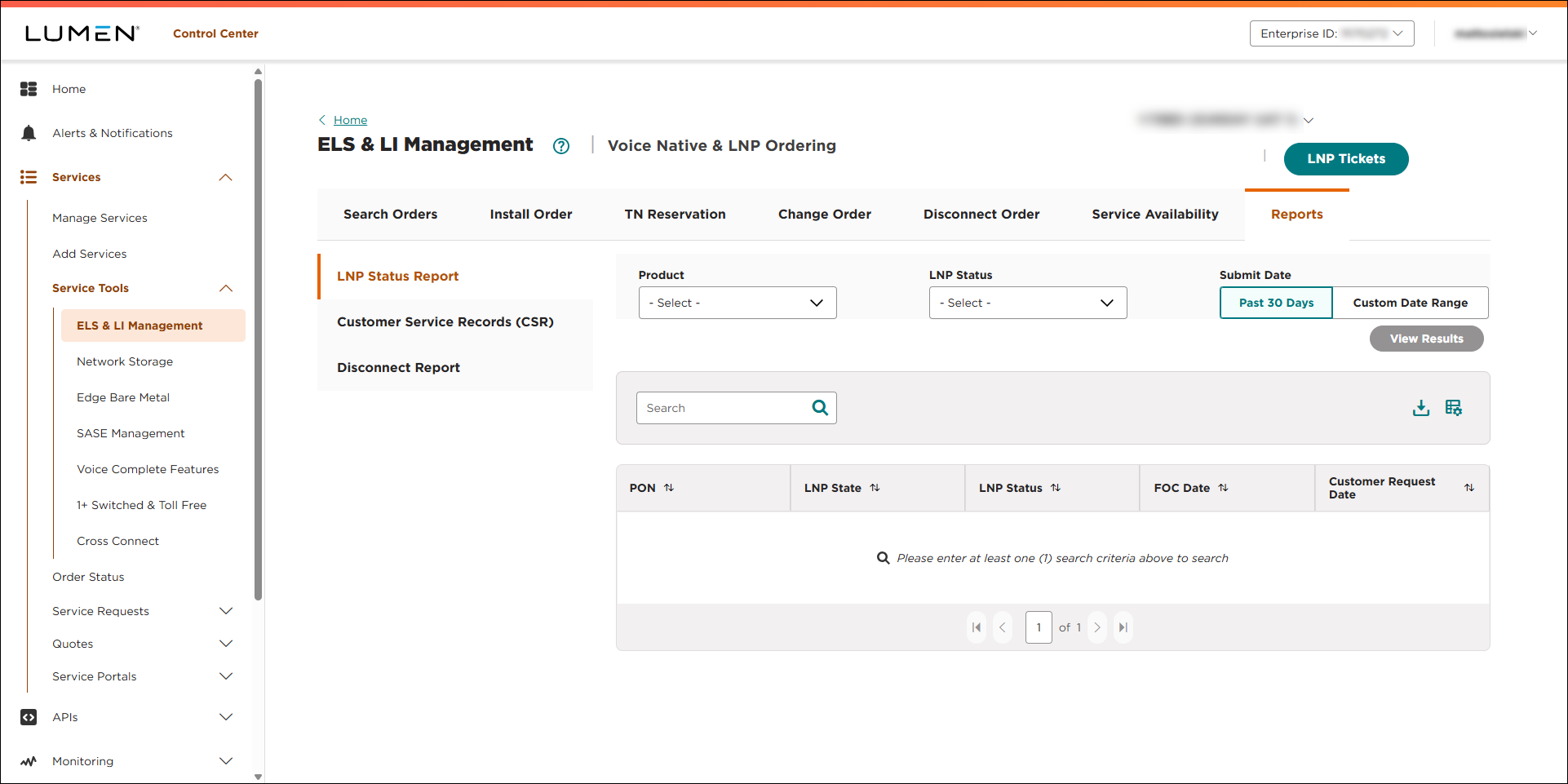 ELS& LI Management (showing Reports tab and LNP Status Report subtab)