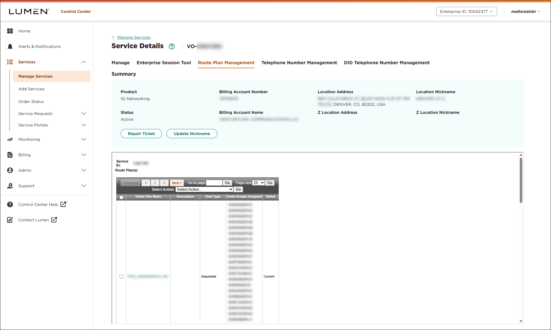 Service Details for SIP Trunking (showing Route Plan Management tab)