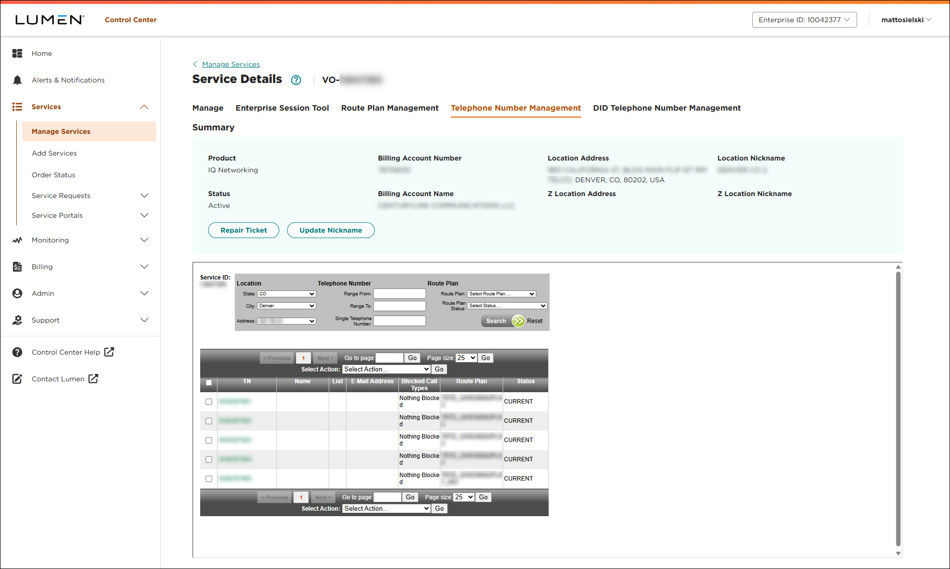 Service Details for SIP Trunking service (showing Telephone Number Management tab)