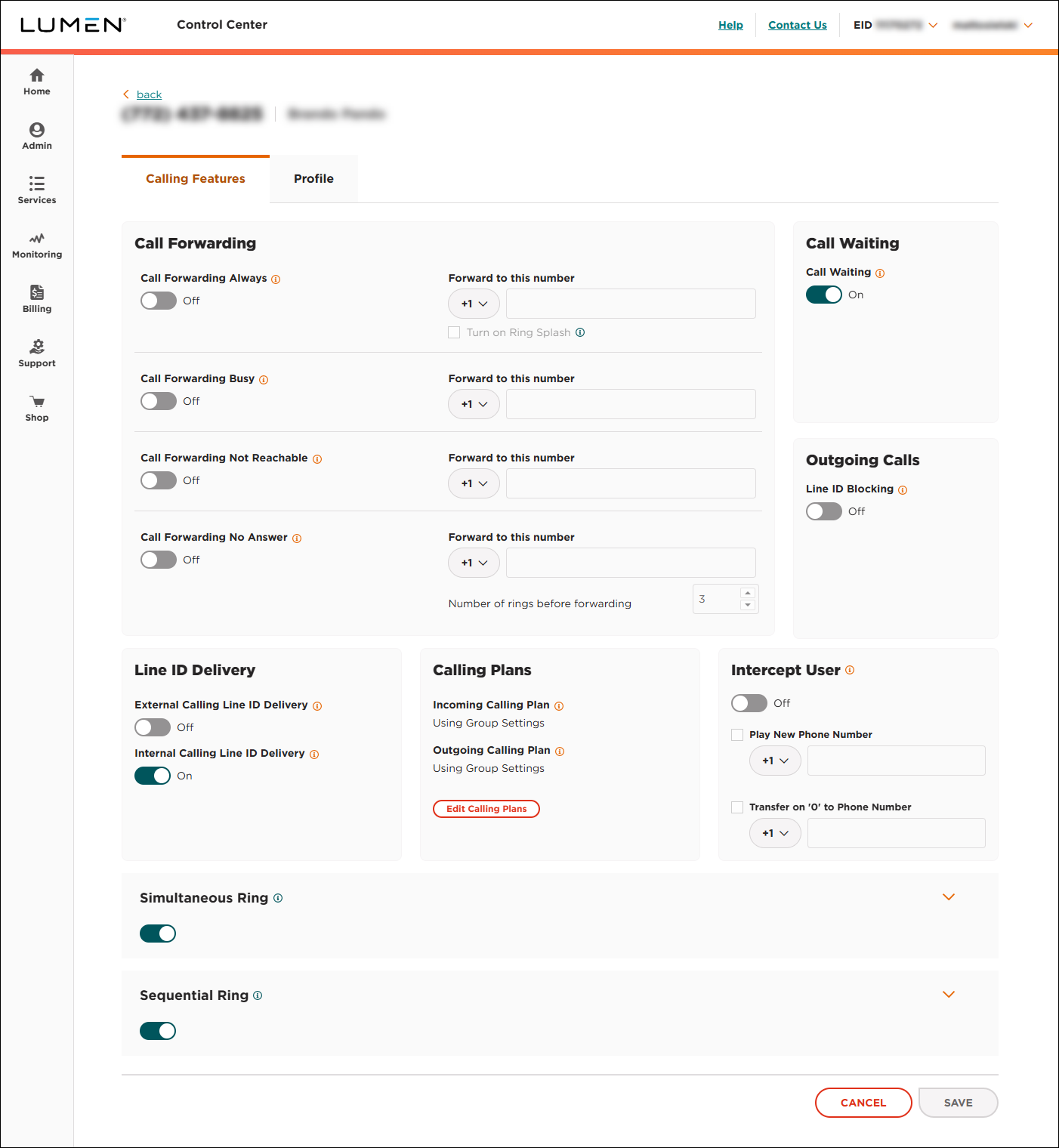 Voice Complete Feature Manager (showing Calling Features tab)