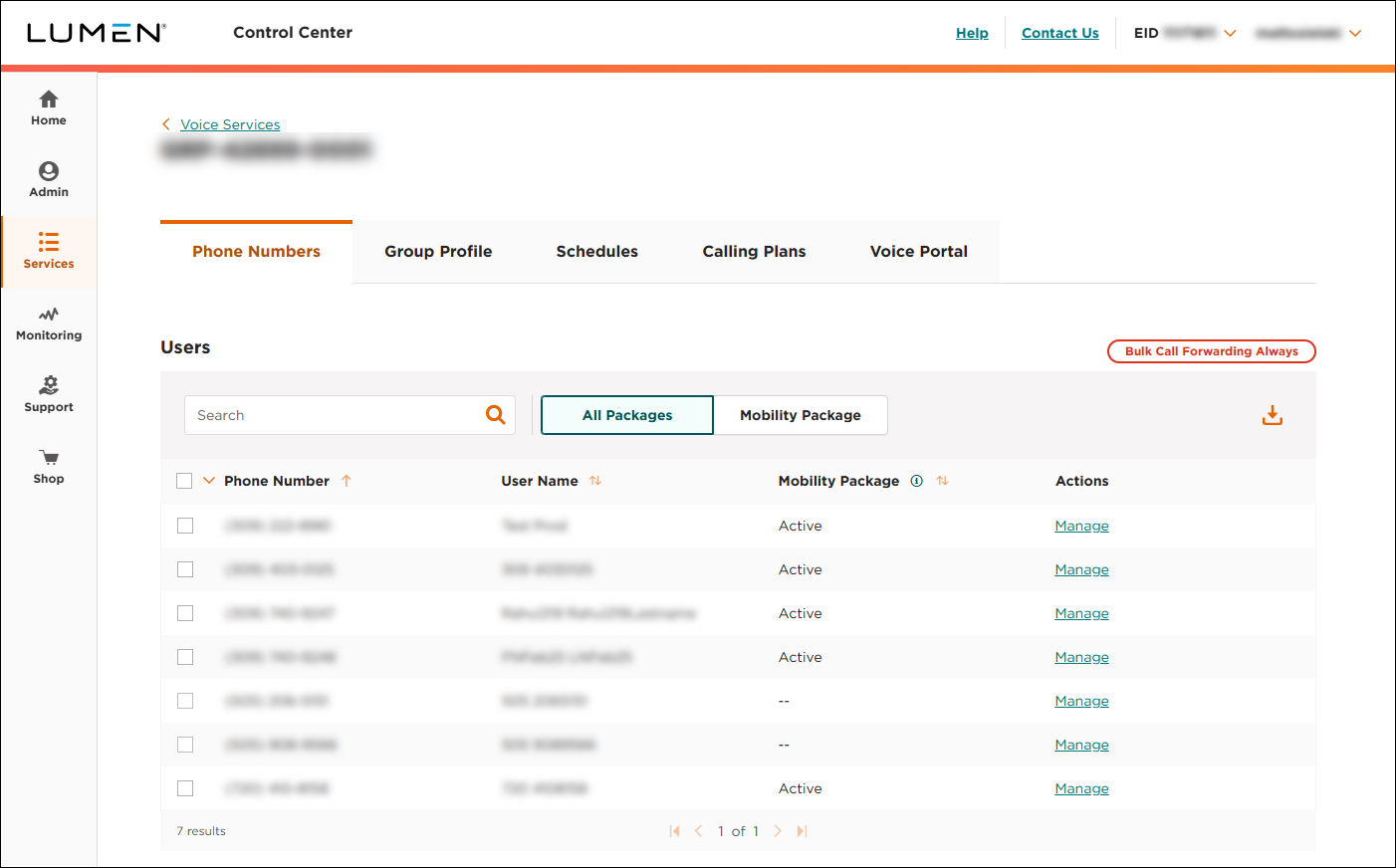 Voice Complete Reports (showing Phone Numbers tab)
