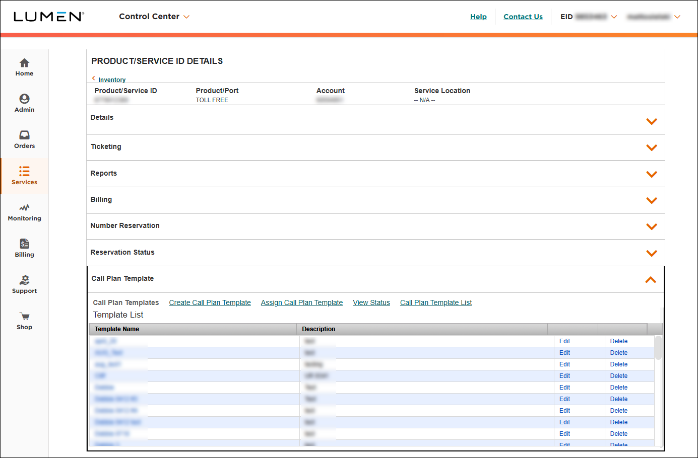 Product/Service ID Details for Toll Free service (showing Call Plan Template section)