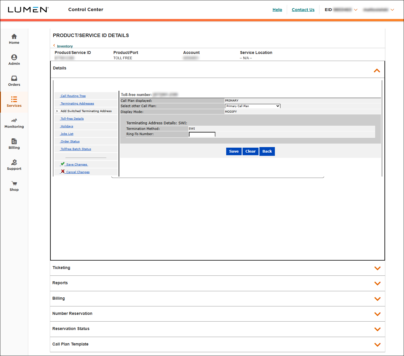 8XX Modify Call Plan tool > Modify mode > Add Switched Terminating Address