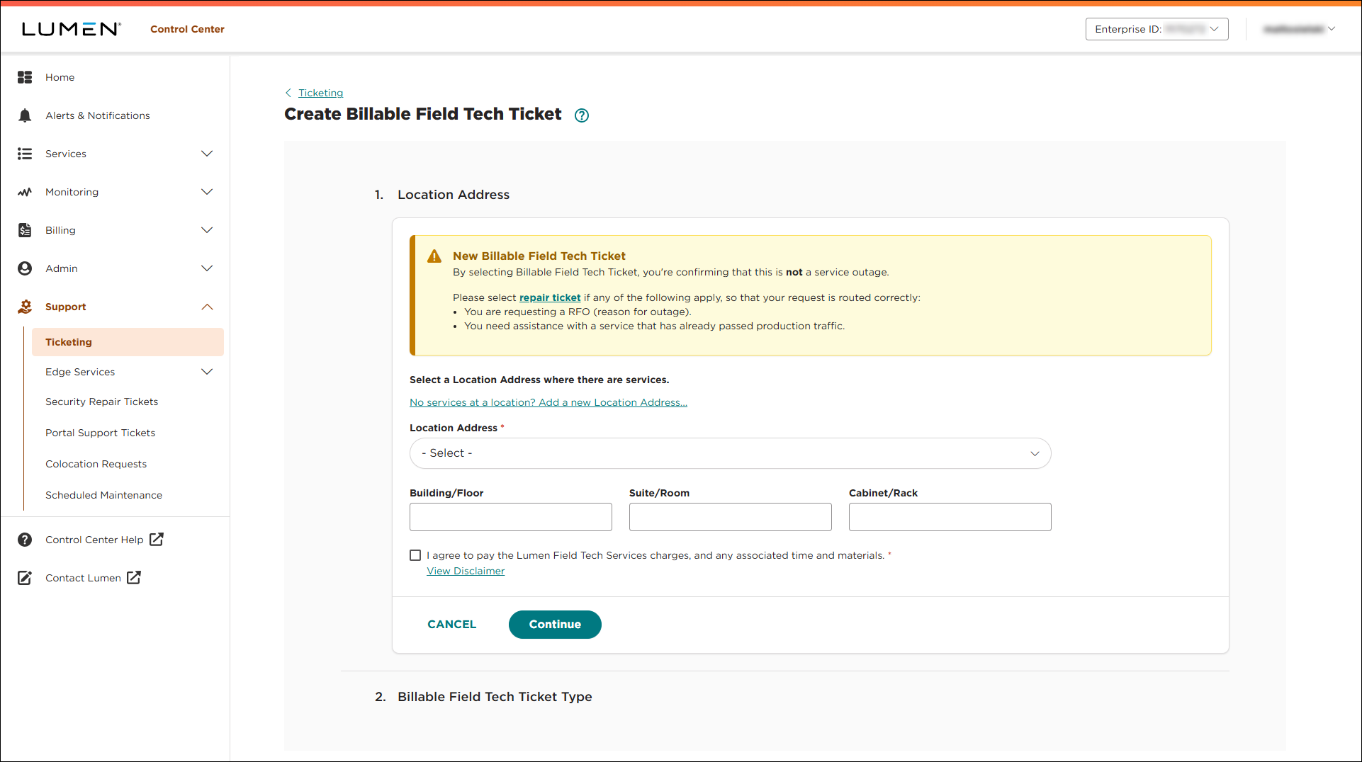 Create Billable Field Tech Ticket (showing Location Address section)