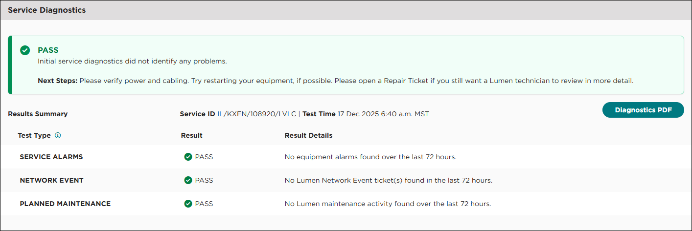 Diagnostic testing showing Pass results