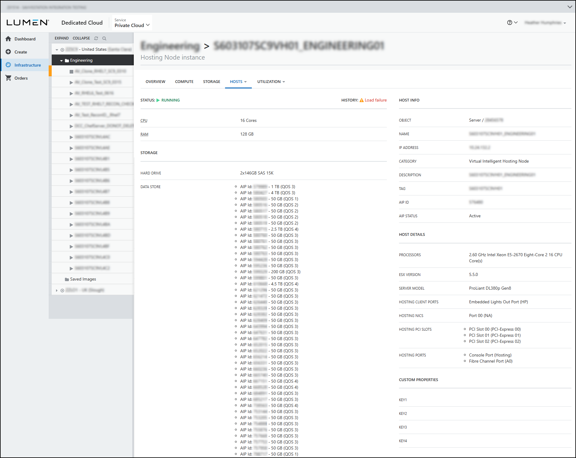 cluster view hosting node details