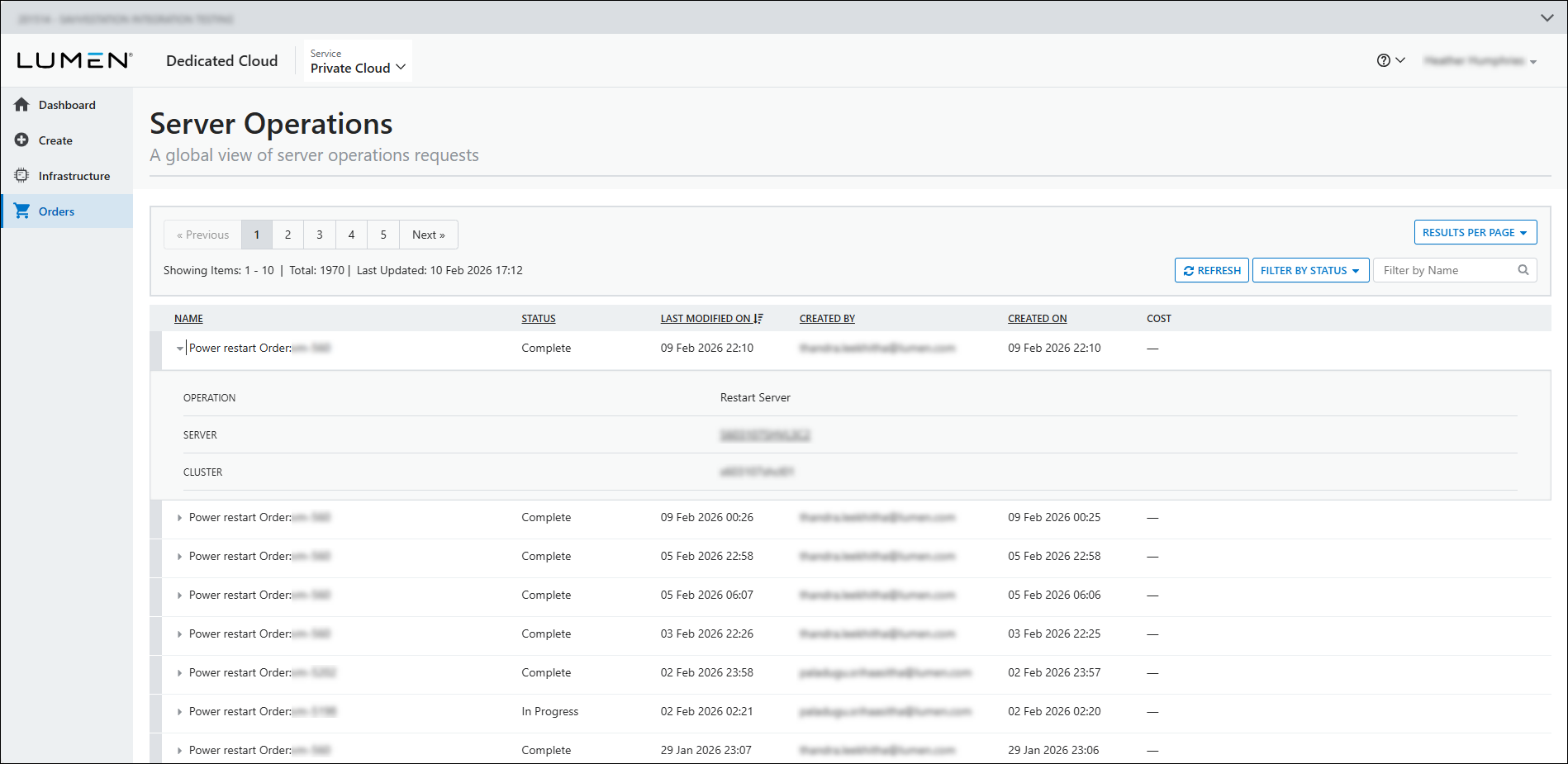 Server Operations list view