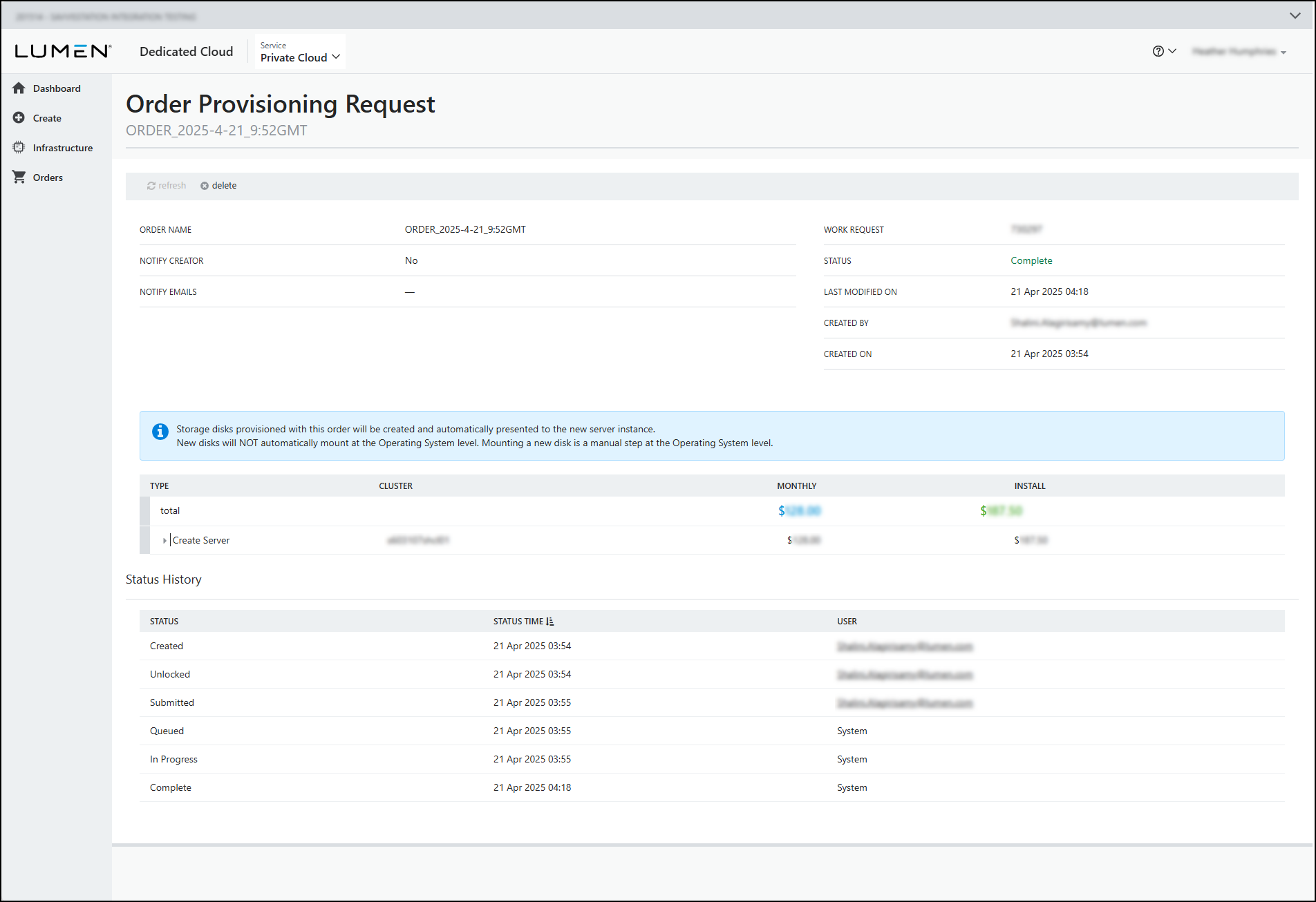 Order provisioning request details