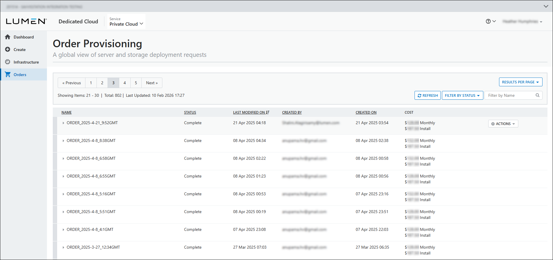 Order provisioning request list