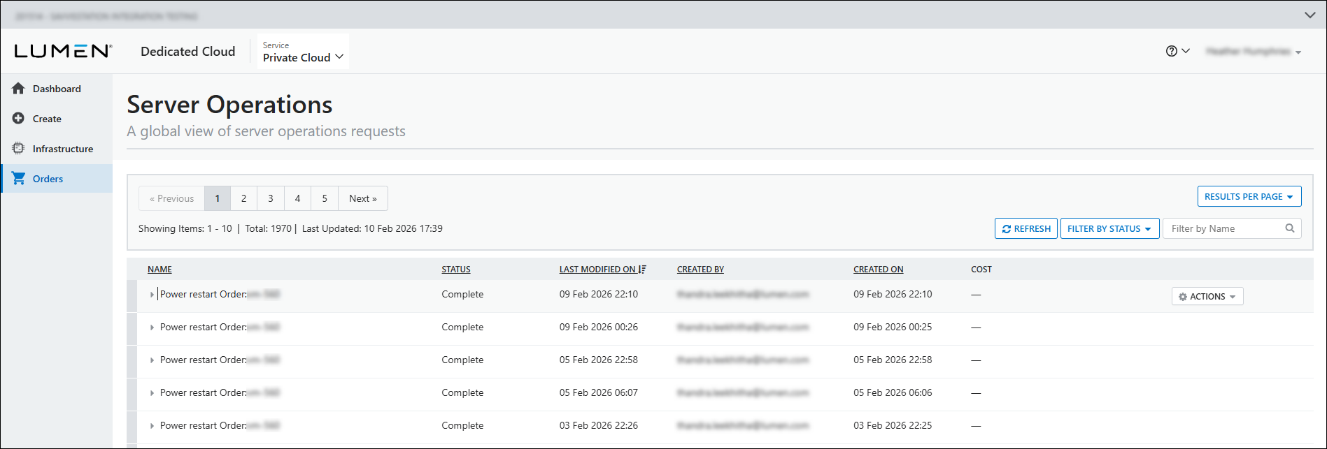 Server Operations list view