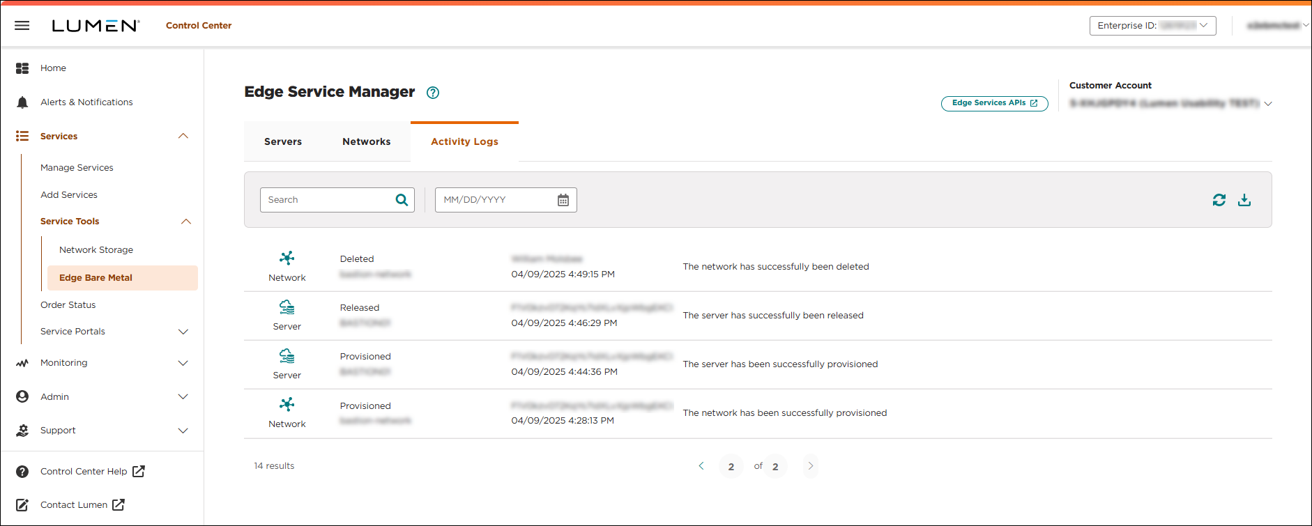 Edge Service Manager (showing Activity Logs tab)