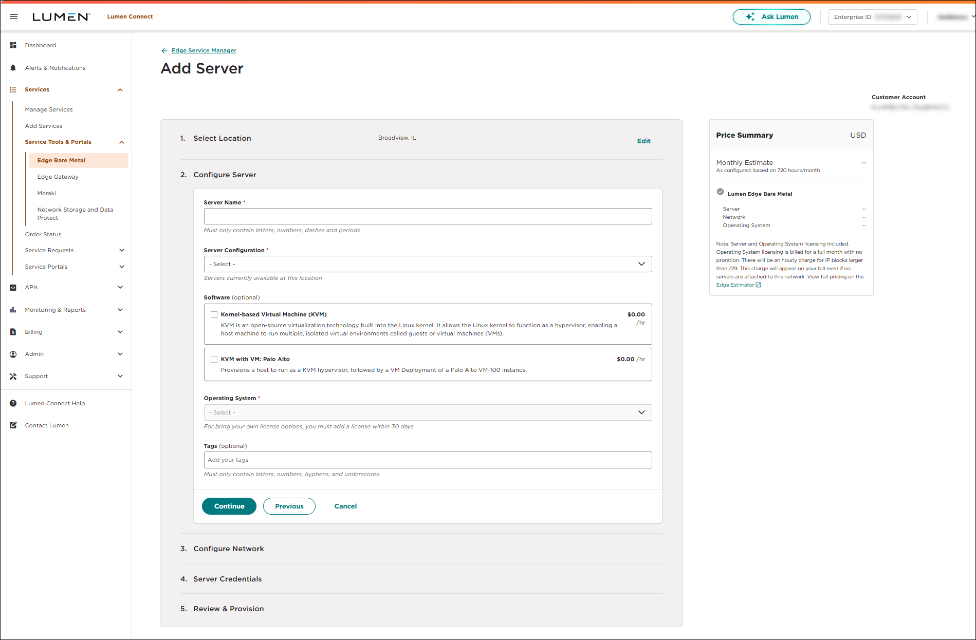 Edge Service Manager add server showing configure server view