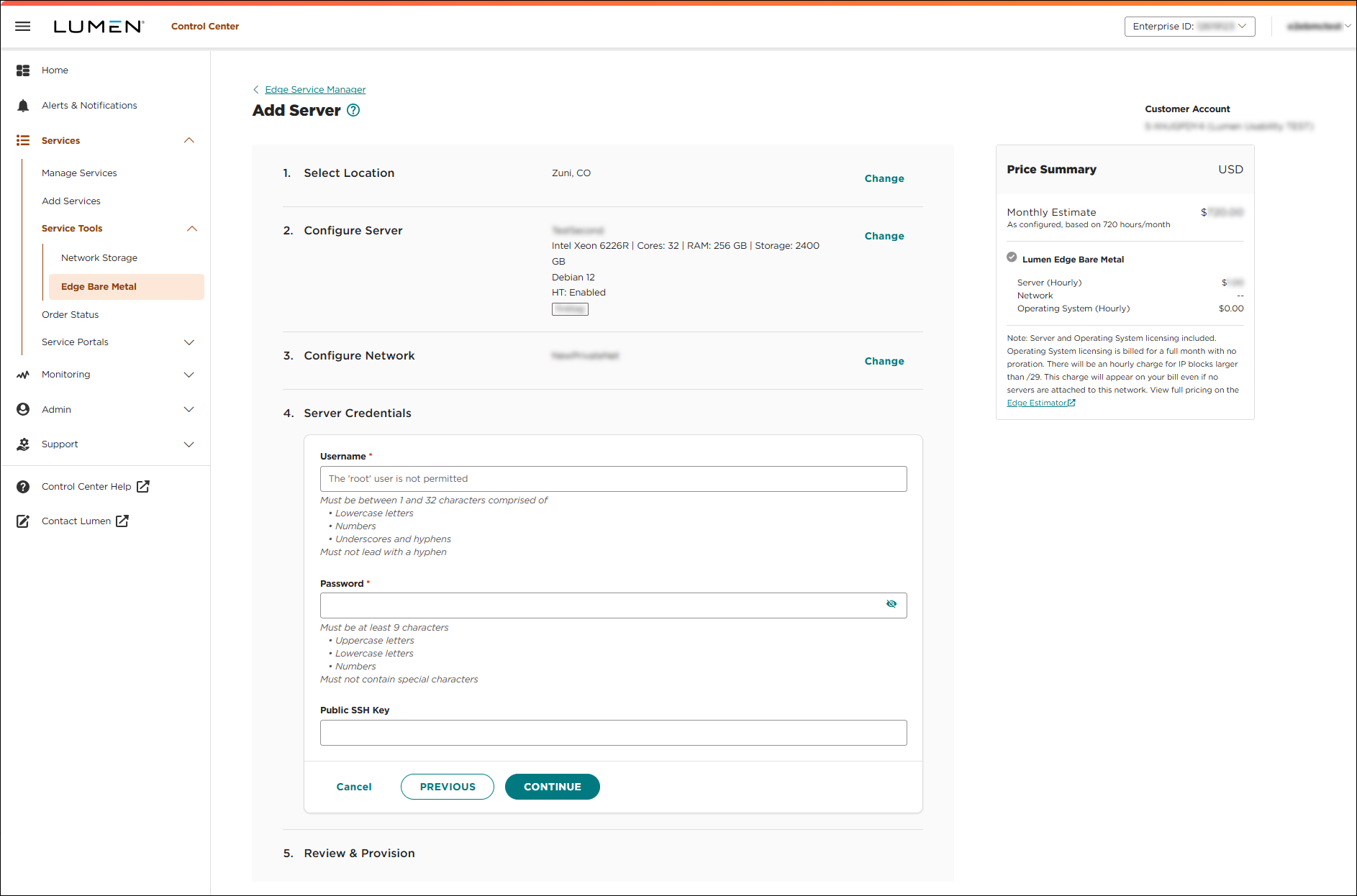 Edge Service Manager add server showing server credentials view 
