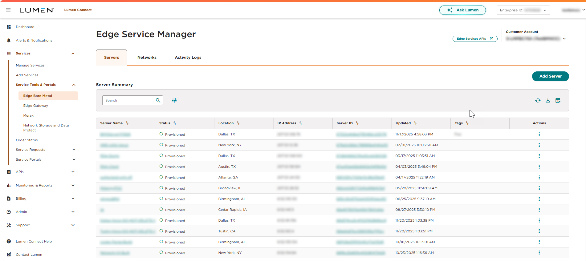 Edge Service Manager (showing Servers tab)