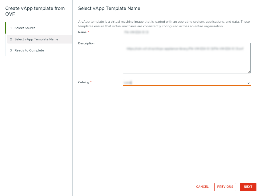 Create vApp template from OVF window, showing the select vApp Template Name section