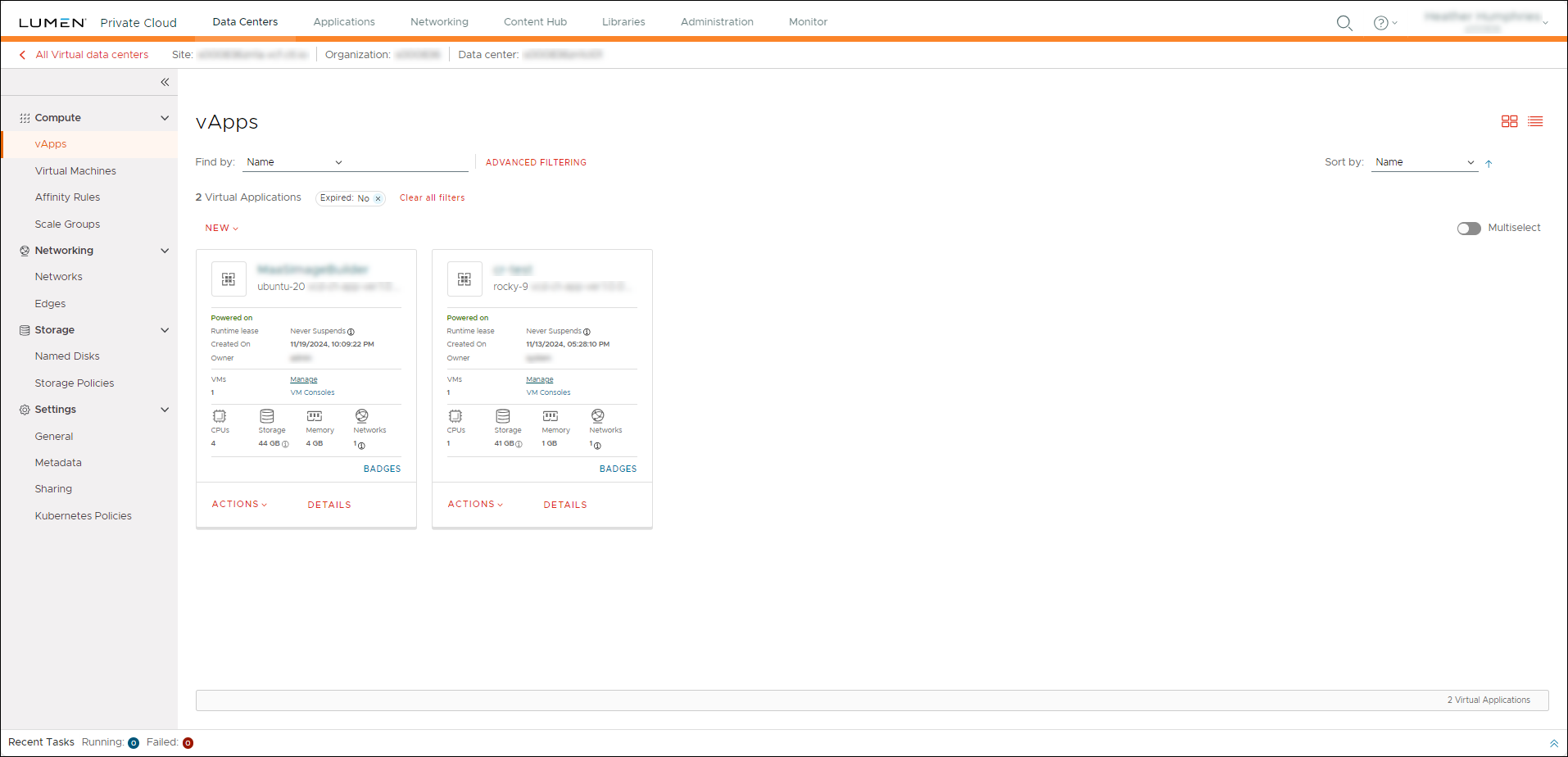Lumen Private Cloud showing vApps for the Virtual Data Center