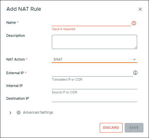 Window showing fields to create a NAT rule