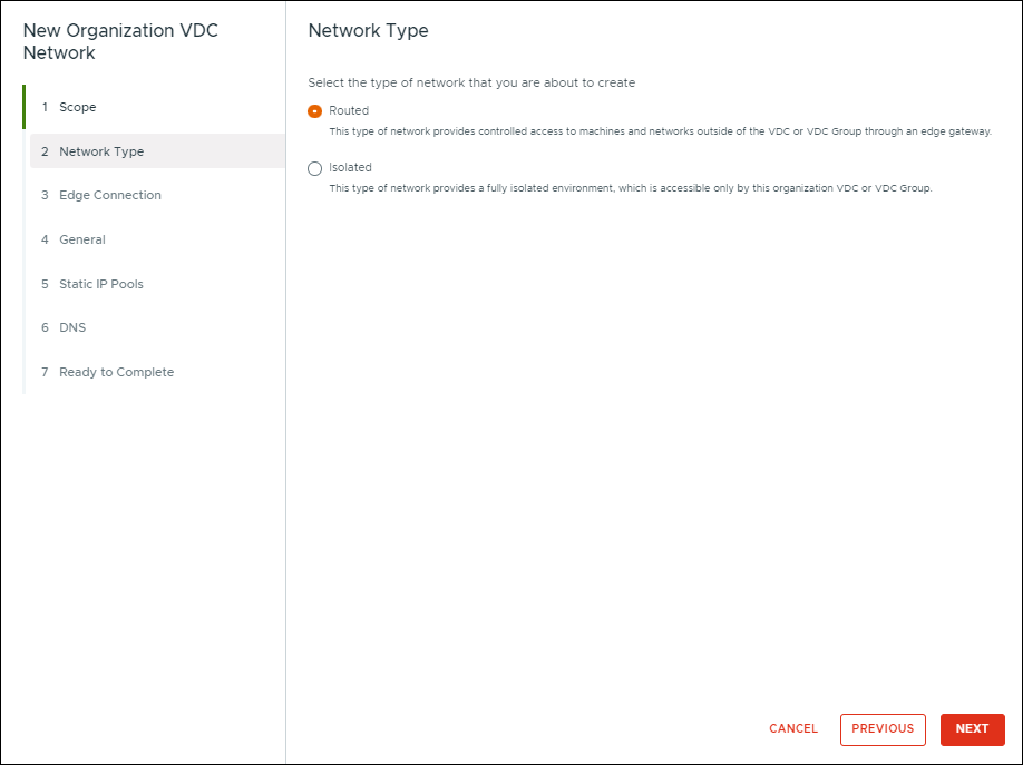 New Organization VDC Network window showing network type section