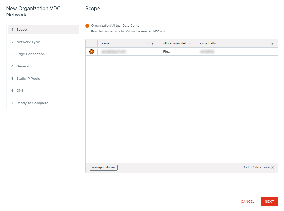 New Organization VDC Network window showing the Scope section.