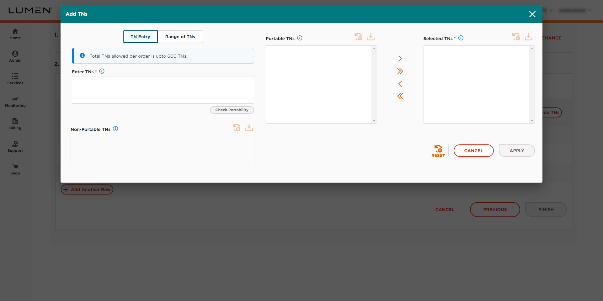 ELS & LI Management (showing Add TNs window for port orders)