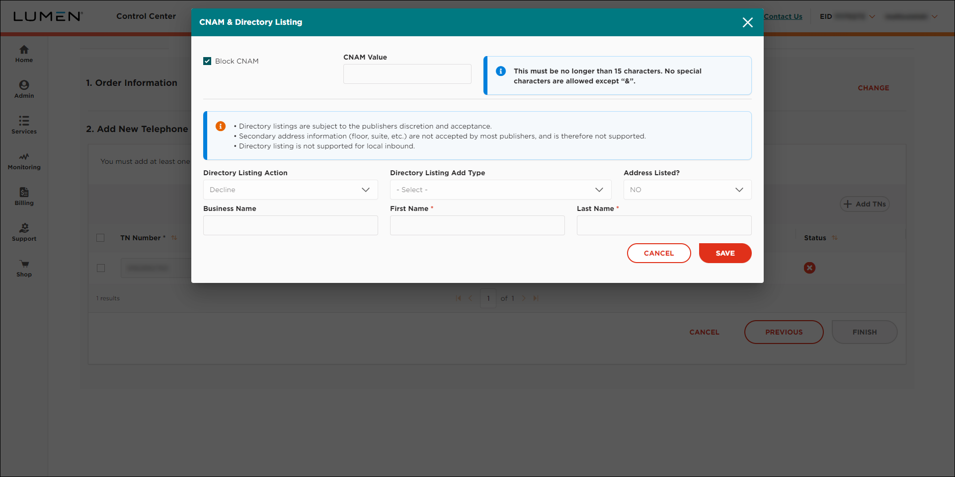 ELS & LI Management (showing CNAM & Directory Listings window)