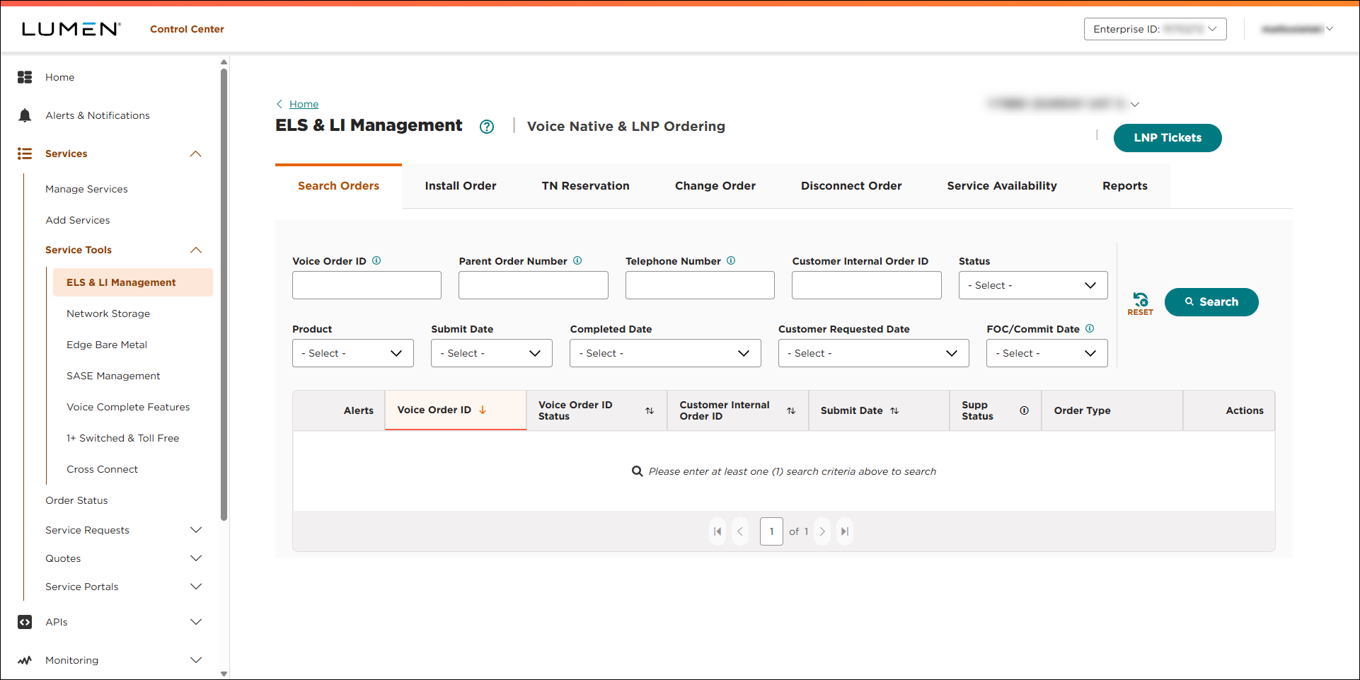 ELS & LI Management (showing Search Orders tab)