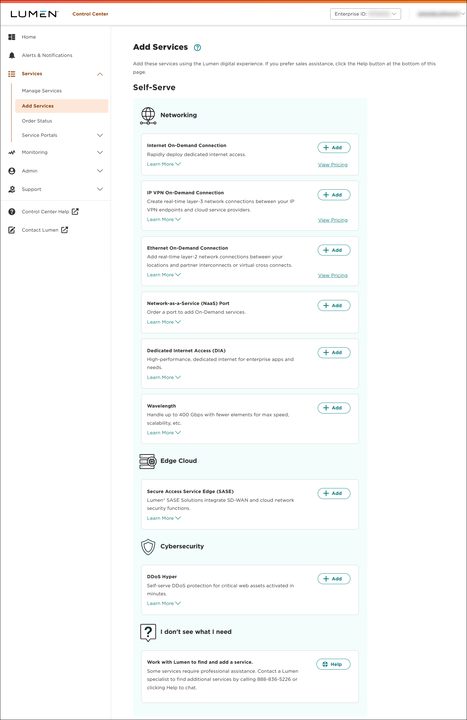 Lumen Control Center add services