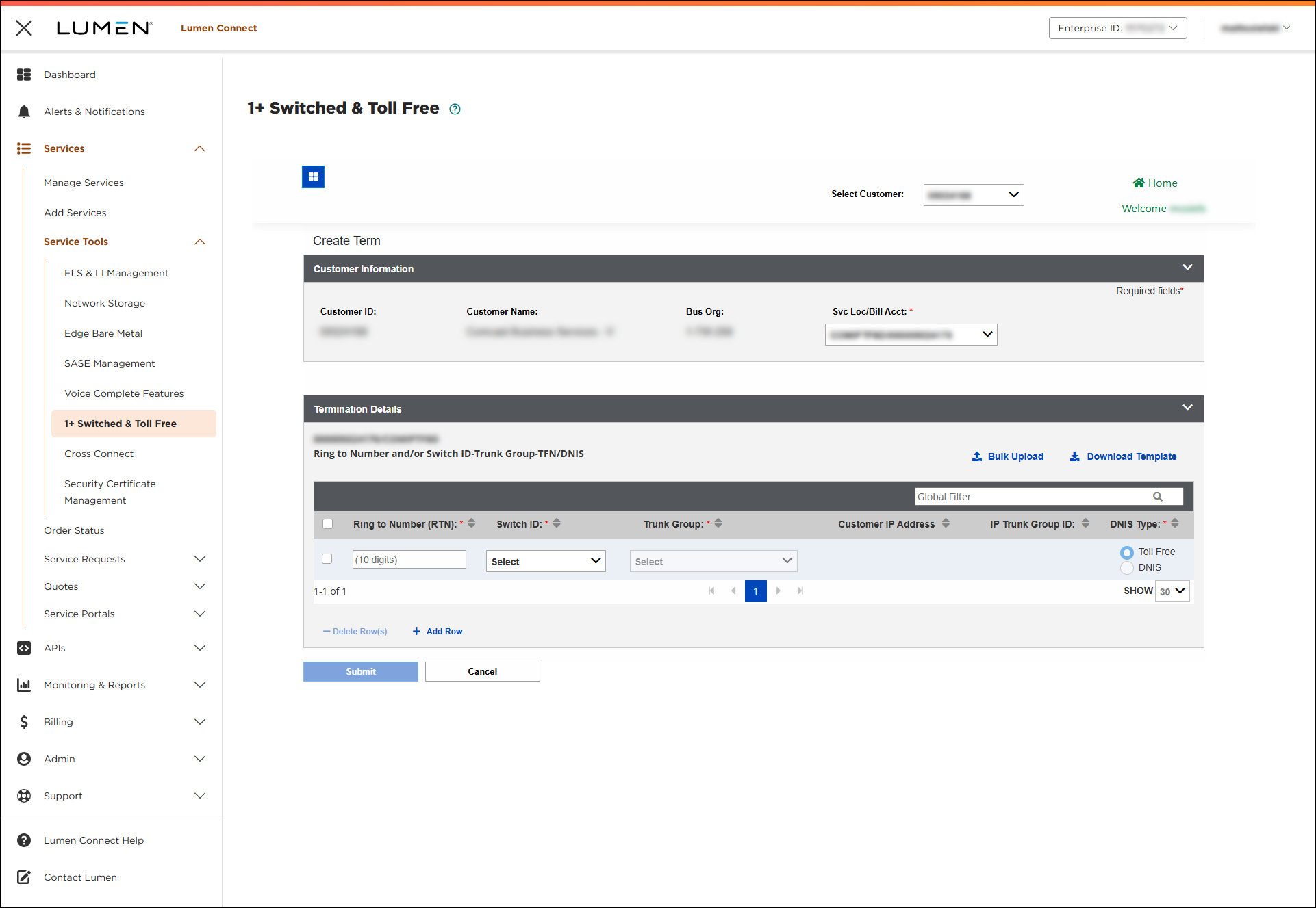 1+ Switched and Toll Free (Create Term with billing account number selected)