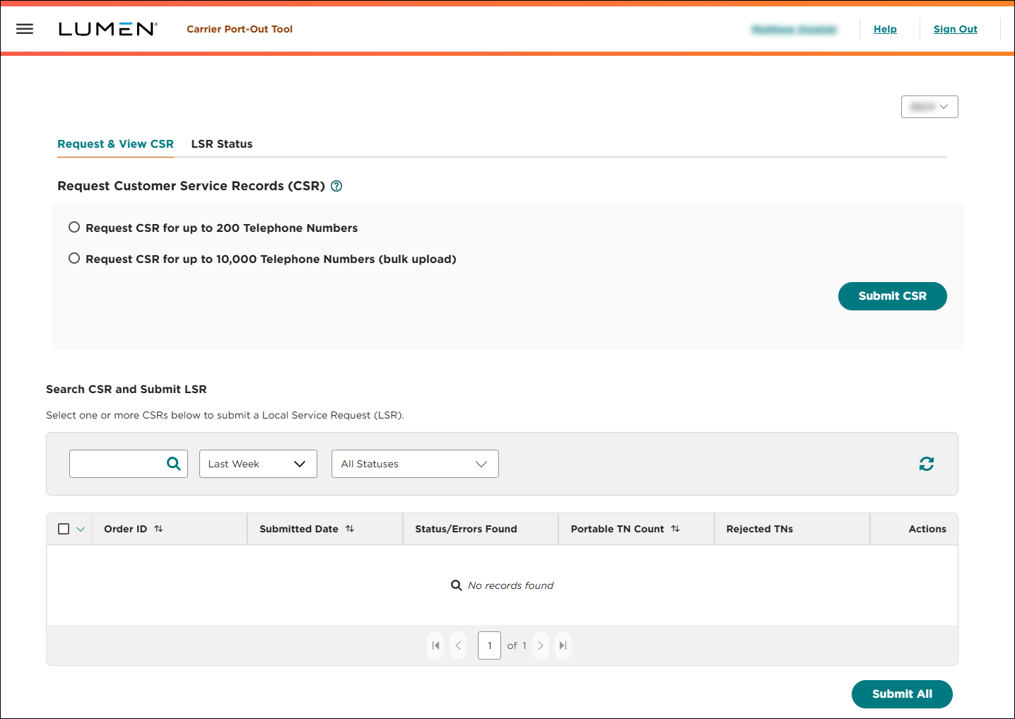 Carrier Port-Out Tool (showing Request and Search CSR tab)