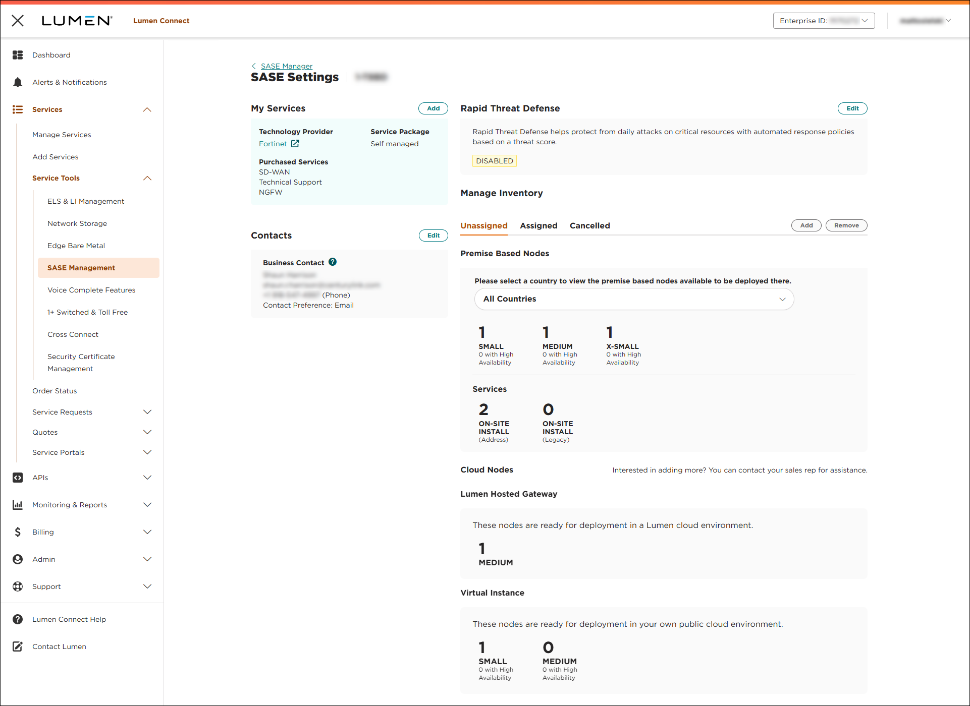 SASE Settings (showing Unassigned tab and Rapid Threat Defense disabled)