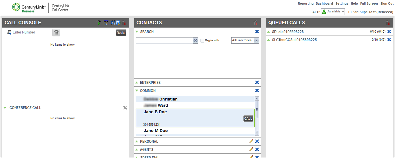 Contact Center Client (showing Contacts pane for a contact)