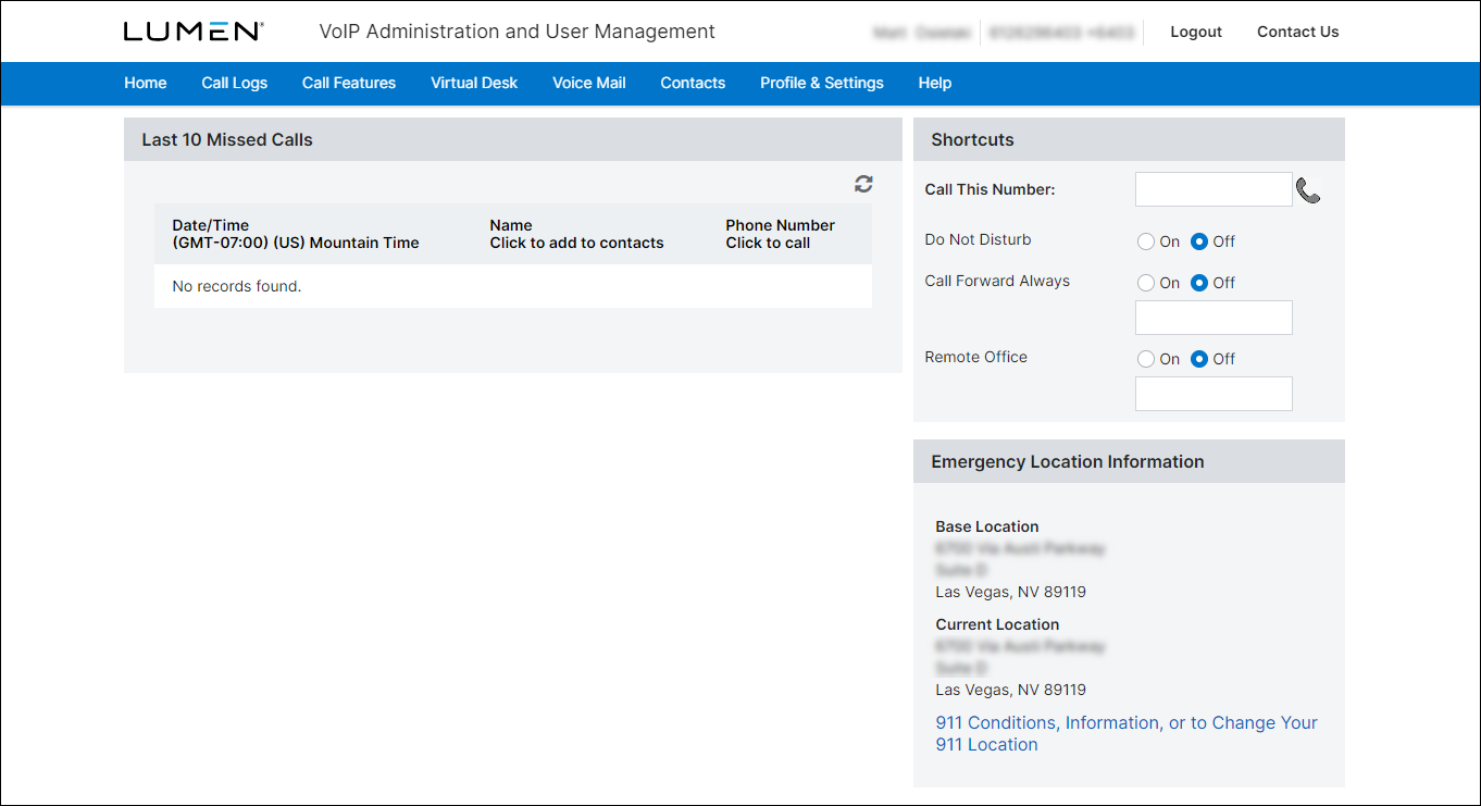 VoIP portal dashboard